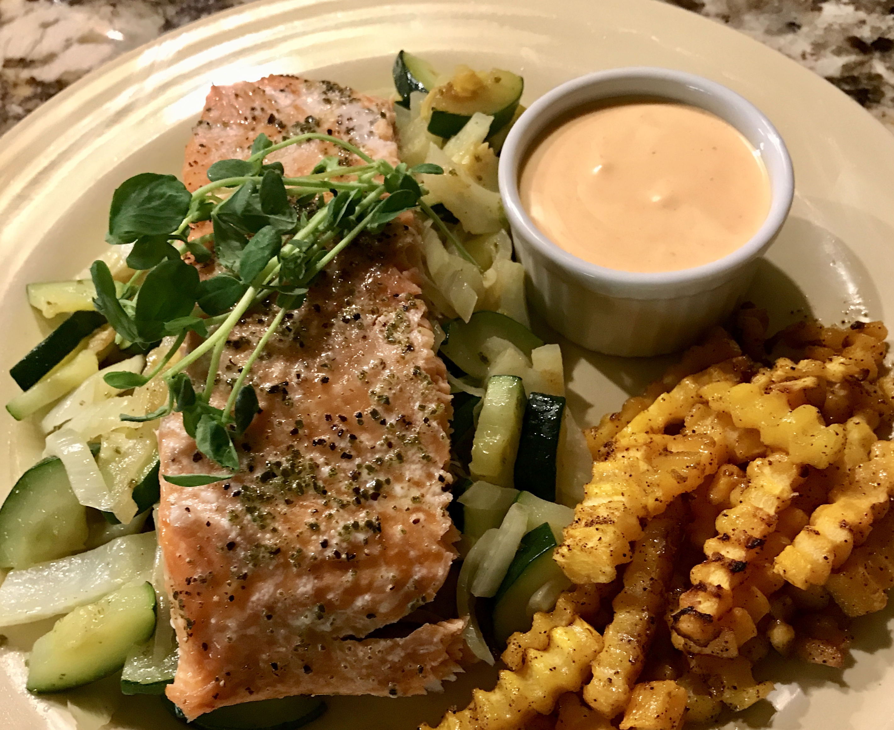 Grilled Salmon and Butternut Squash Crinkle “Fries”