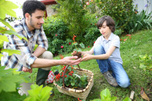 Dad and son planting flowers